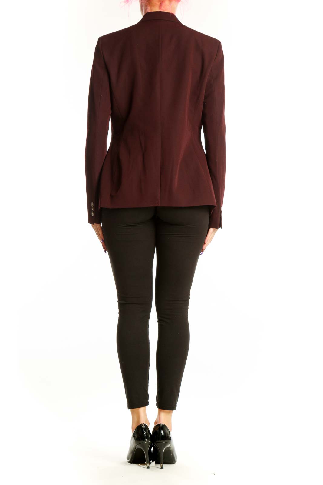 Burgundy tailored blazer by Tahari back view showing structured fit and design