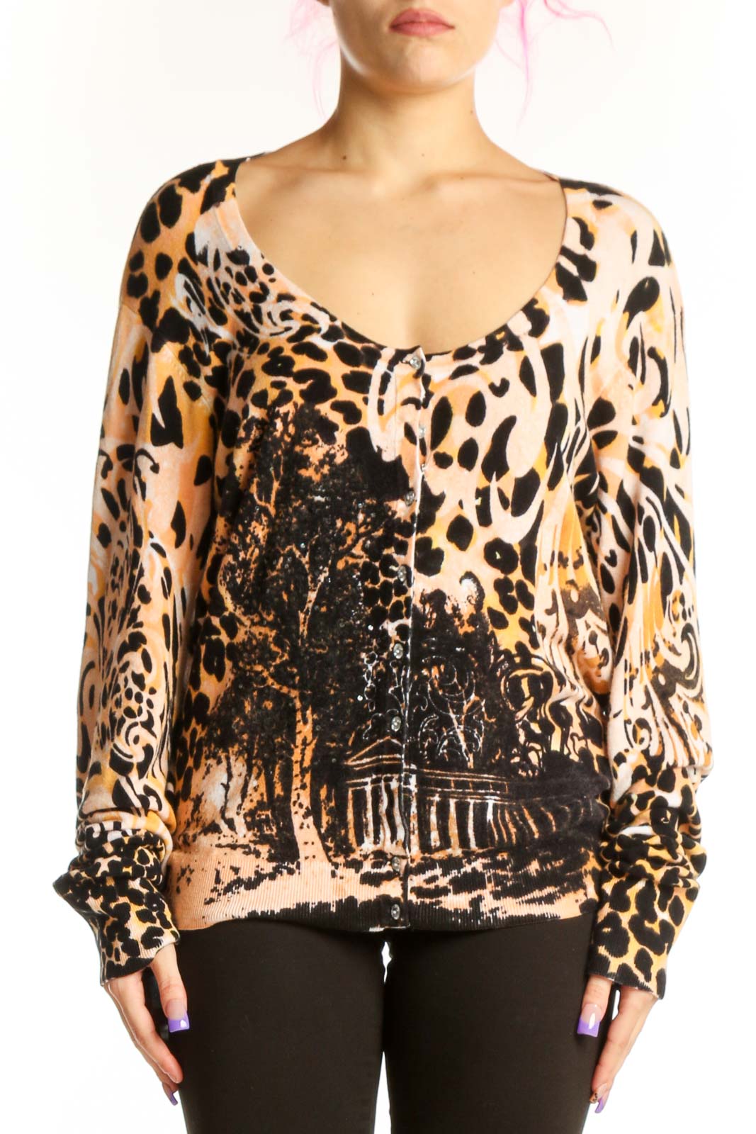 Beige and black leopard print silk blouse with graphic architectural design, V-neckline, and long sleeves