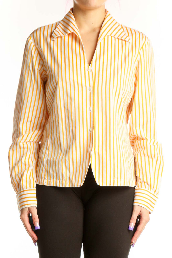 Yellow and white striped button-up blouse with structured collar and long sleeves, front view