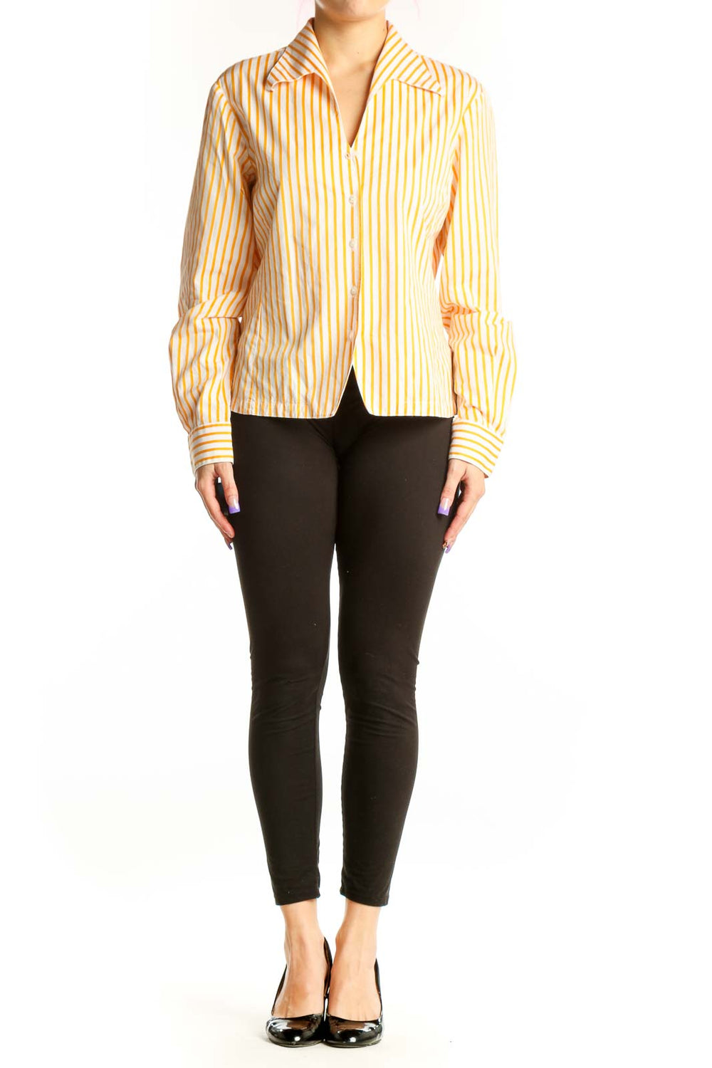 Yellow and white striped button-up blouse with structured collar and long sleeves, front view