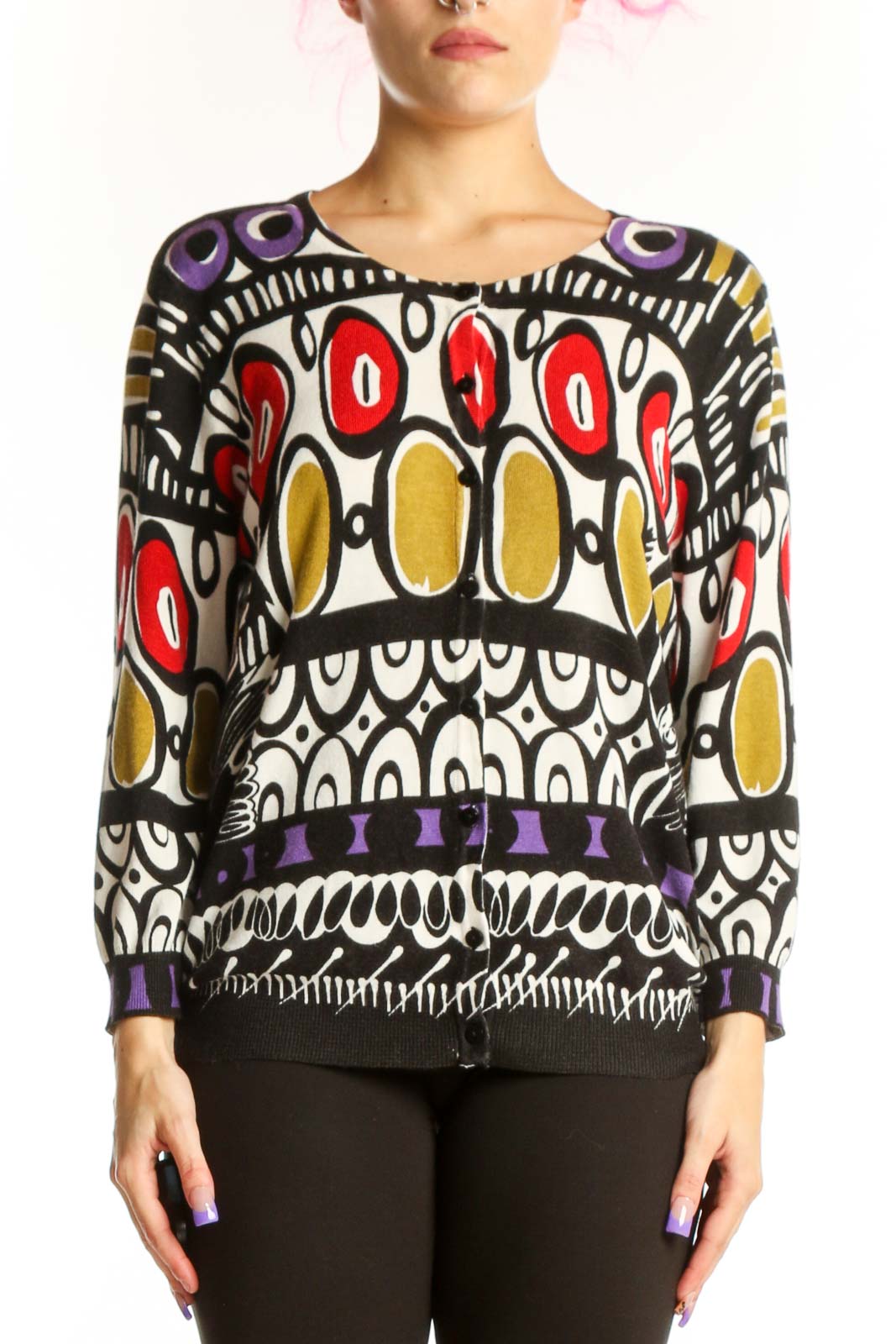 Front view of multicolor abstract geometric knit sweater by JOSEPH A. with vibrant red, gold, purple, and black interlocking circular patterns