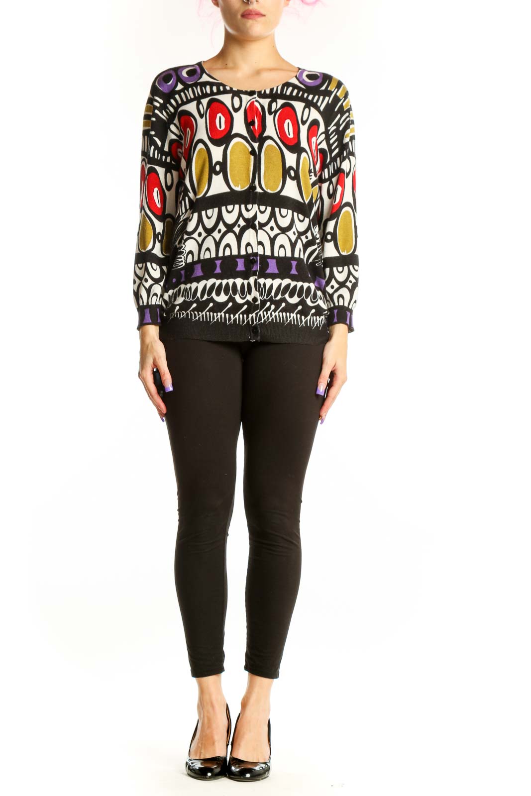 Front view of multicolor abstract geometric knit sweater by JOSEPH A. with vibrant red, gold, purple, and black interlocking circular patterns