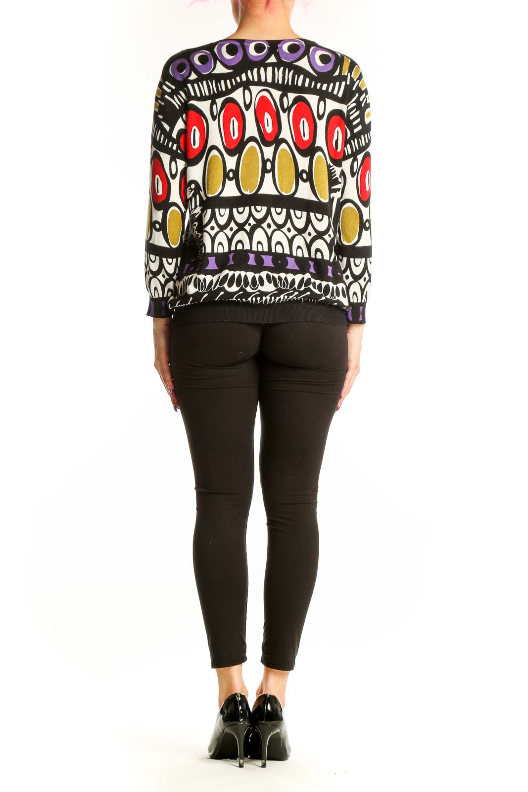 Back view of multicolor abstract geometric knit sweater showing full pattern design and relaxed fit silhouette