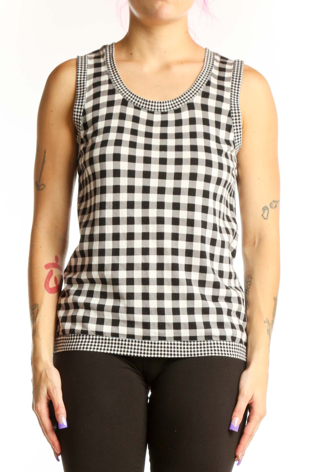 Black and white gingham check sleeveless tank top with crew neckline and gingham trim detail, front view