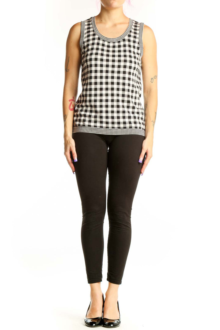 Black and white gingham check sleeveless tank top with crew neckline and gingham trim detail, front view