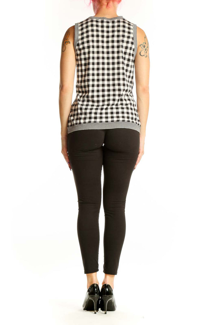 Black and white gingham check sleeveless tank top, back view showing crew neckline and gingham pattern