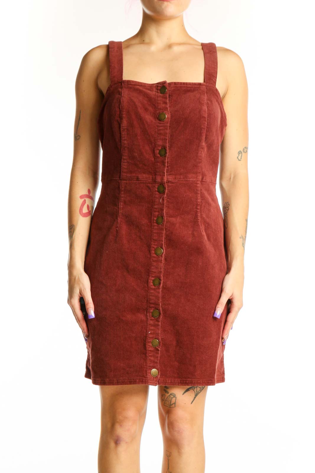 Burgundy corduroy button-front dress with square neckline and adjustable straps, front view