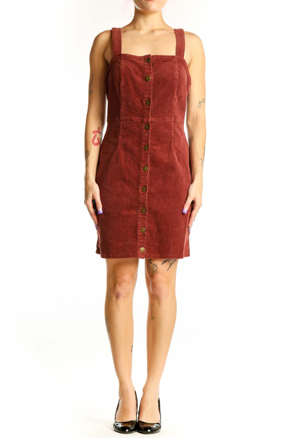 Burgundy corduroy button-front dress with square neckline and adjustable straps, front view