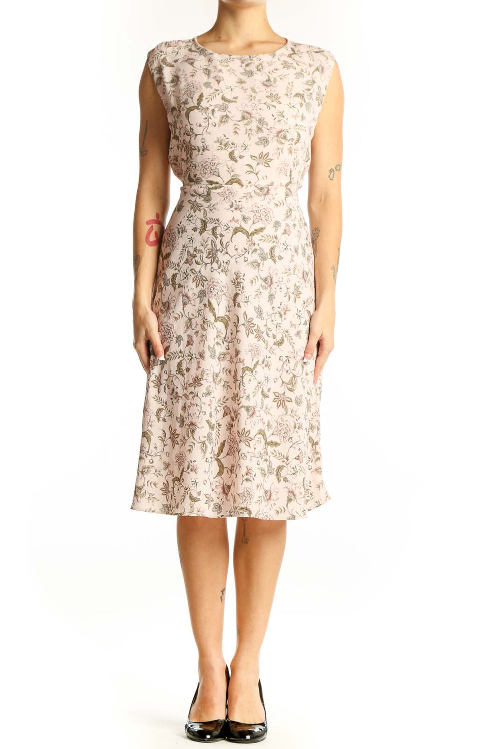 Front view of Lauren Ralph Lauren beige floral print sleeveless midi dress