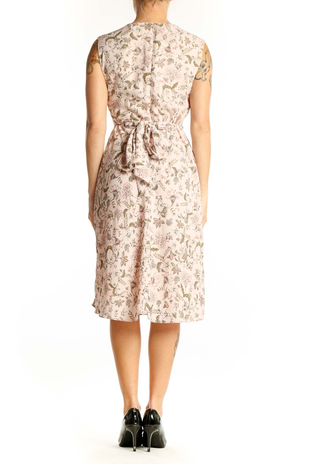 Side view of Lauren Ralph Lauren beige floral print sleeveless midi dress