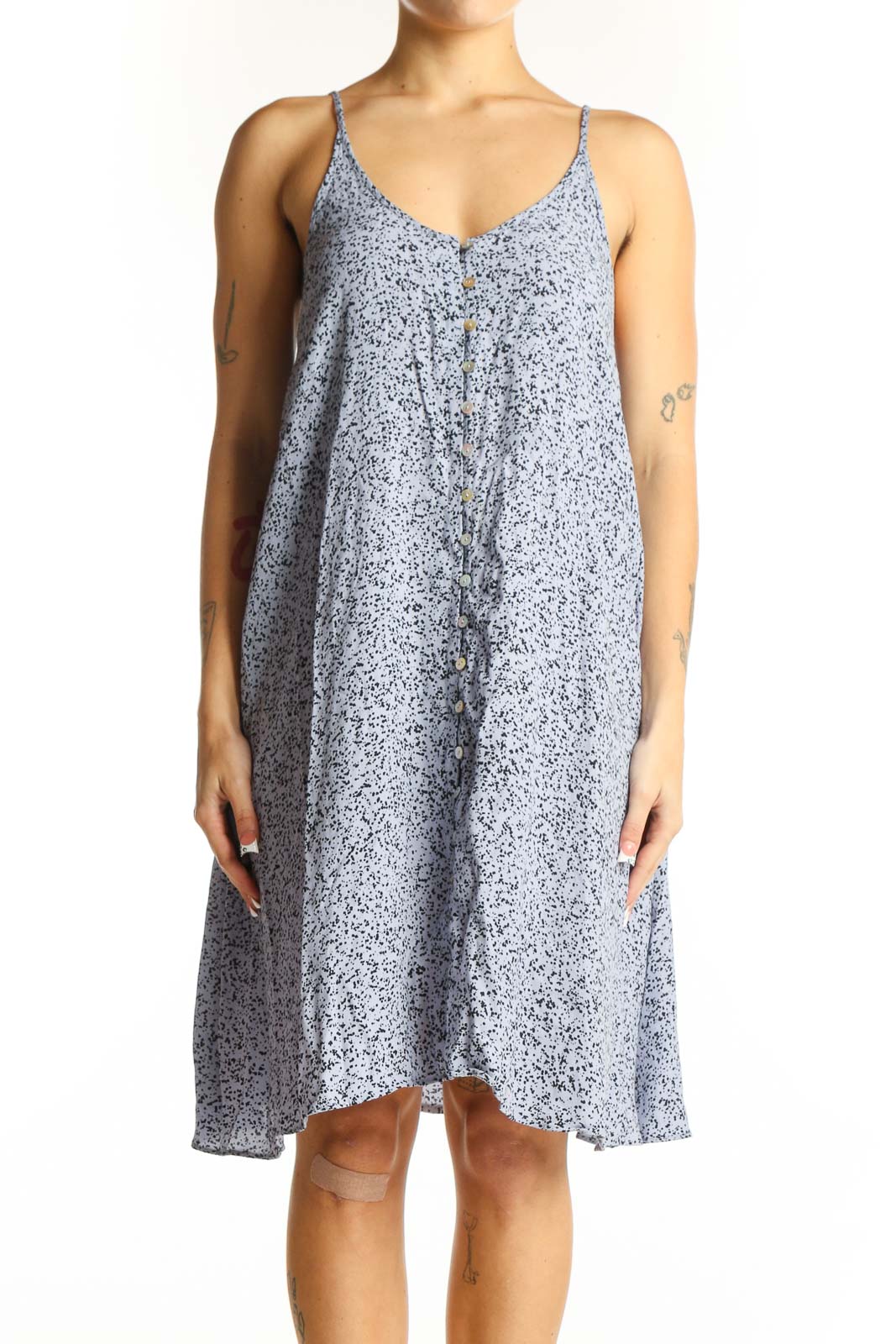 Front view of blue speckled spaghetti strap sundress by Stockholm Atelier