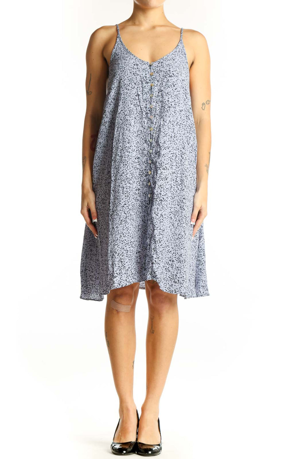 Front view of blue speckled spaghetti strap sundress by Stockholm Atelier