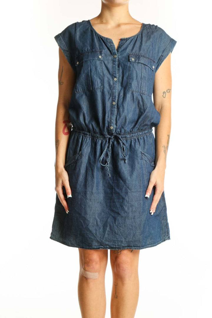 Front view of Promod blue denim dress with drawstring waist and button-front design