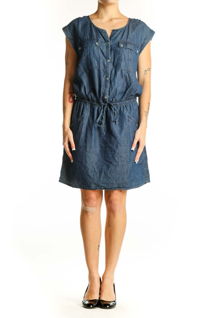 Front view of Promod blue denim dress with drawstring waist and button-front design
