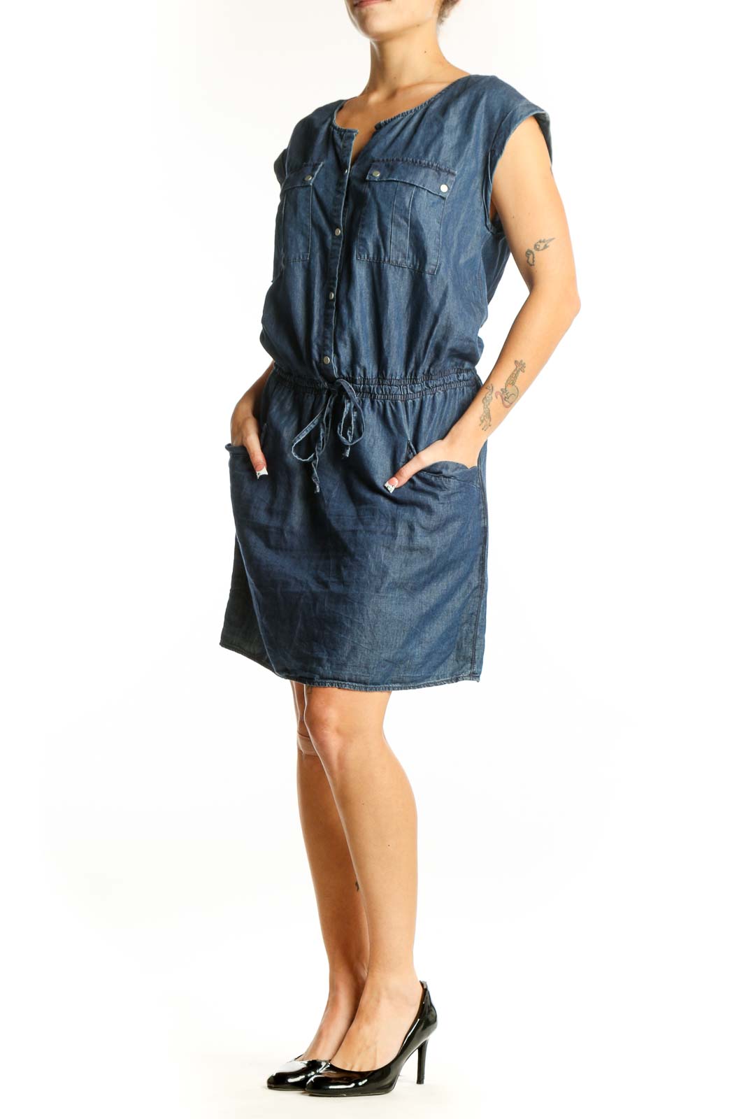 Front view of Promod blue denim dress with drawstring waist and button-front design