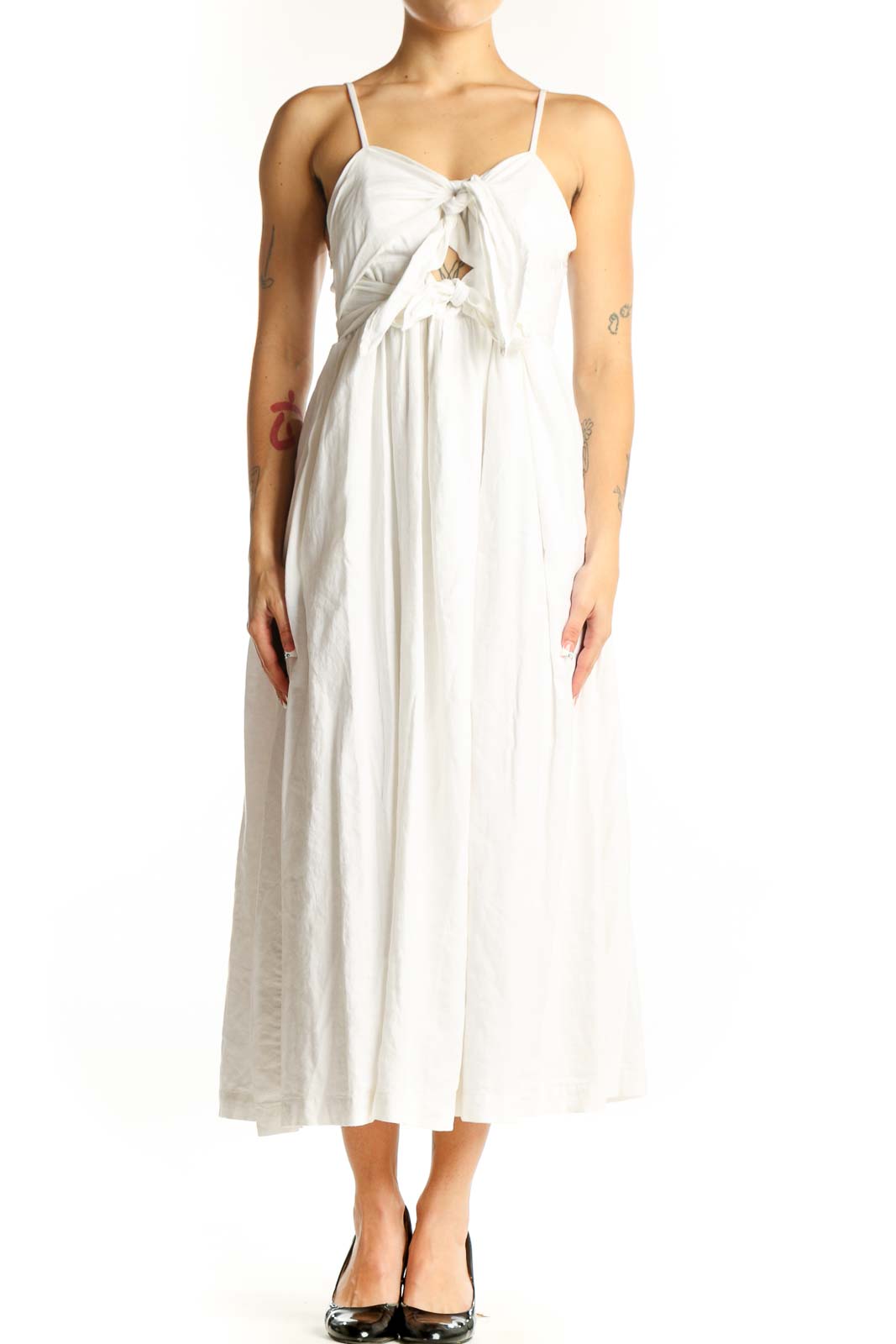 Front view of Madewell white linen blend midi dress with tie-front detail