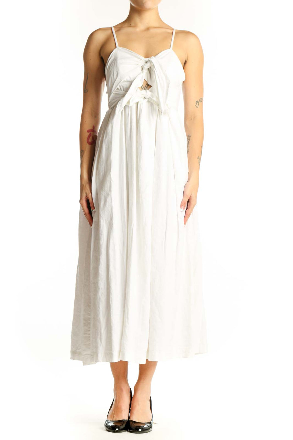 Front view of Madewell white linen blend midi dress with tie-front detail