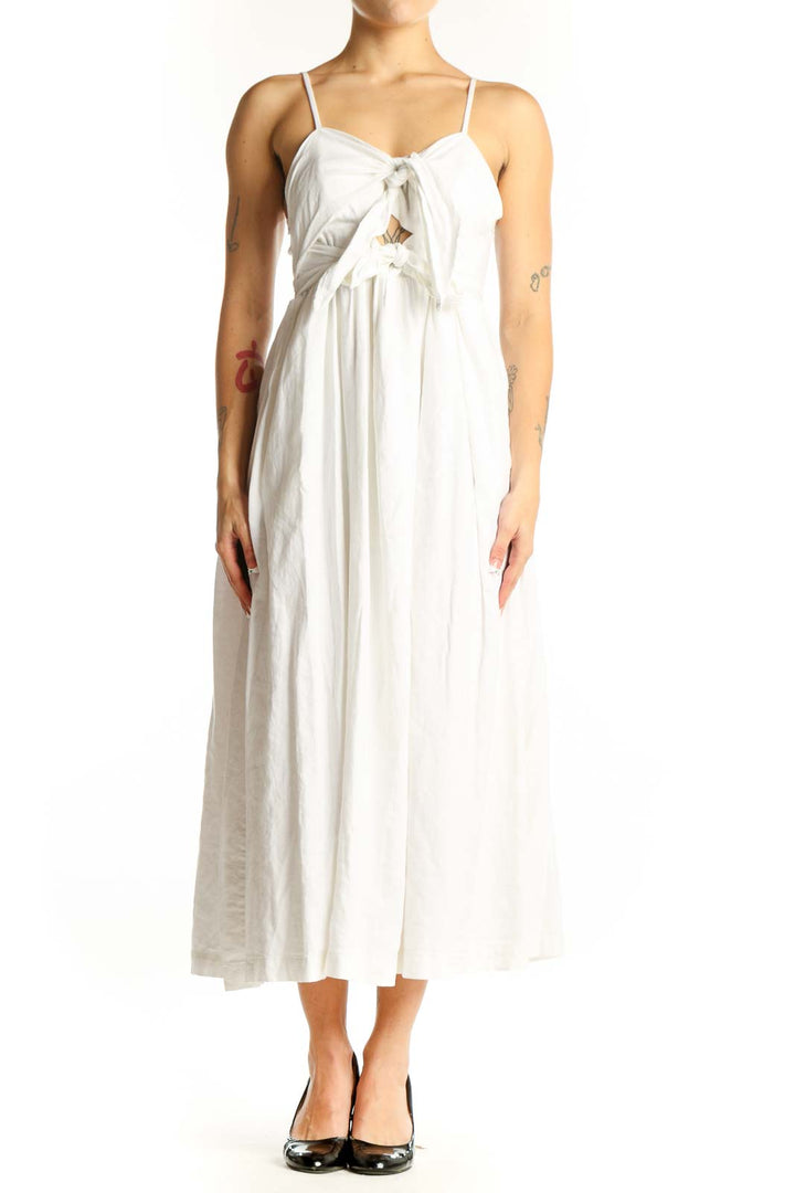 Front view of Madewell white linen blend midi dress with tie-front detail