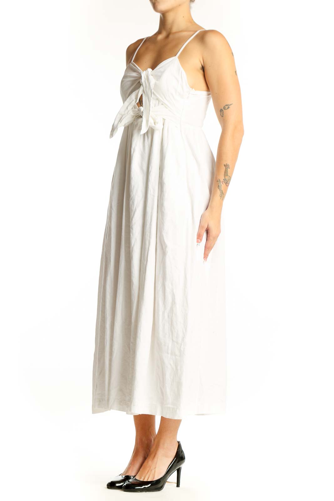 Front view of Madewell white linen blend midi dress with tie-front detail