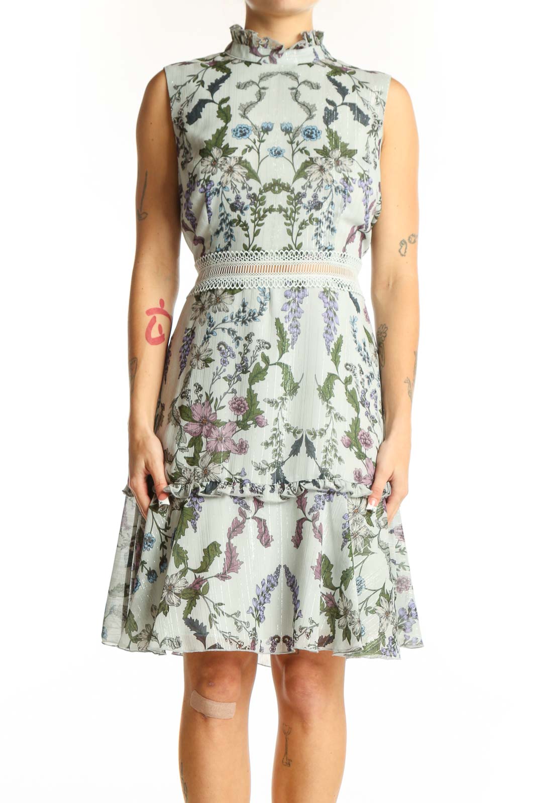 Front view of Donna Morgan mint floral sleeveless cocktail dress with high neckline