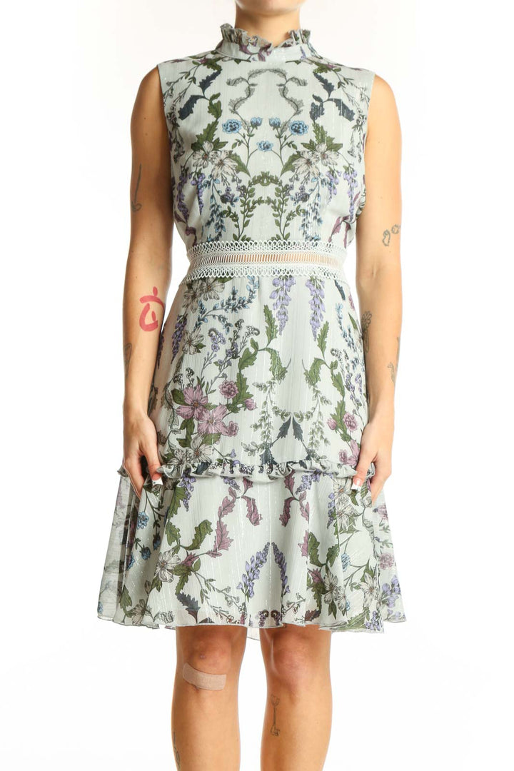 Front view of Donna Morgan mint floral sleeveless cocktail dress with high neckline