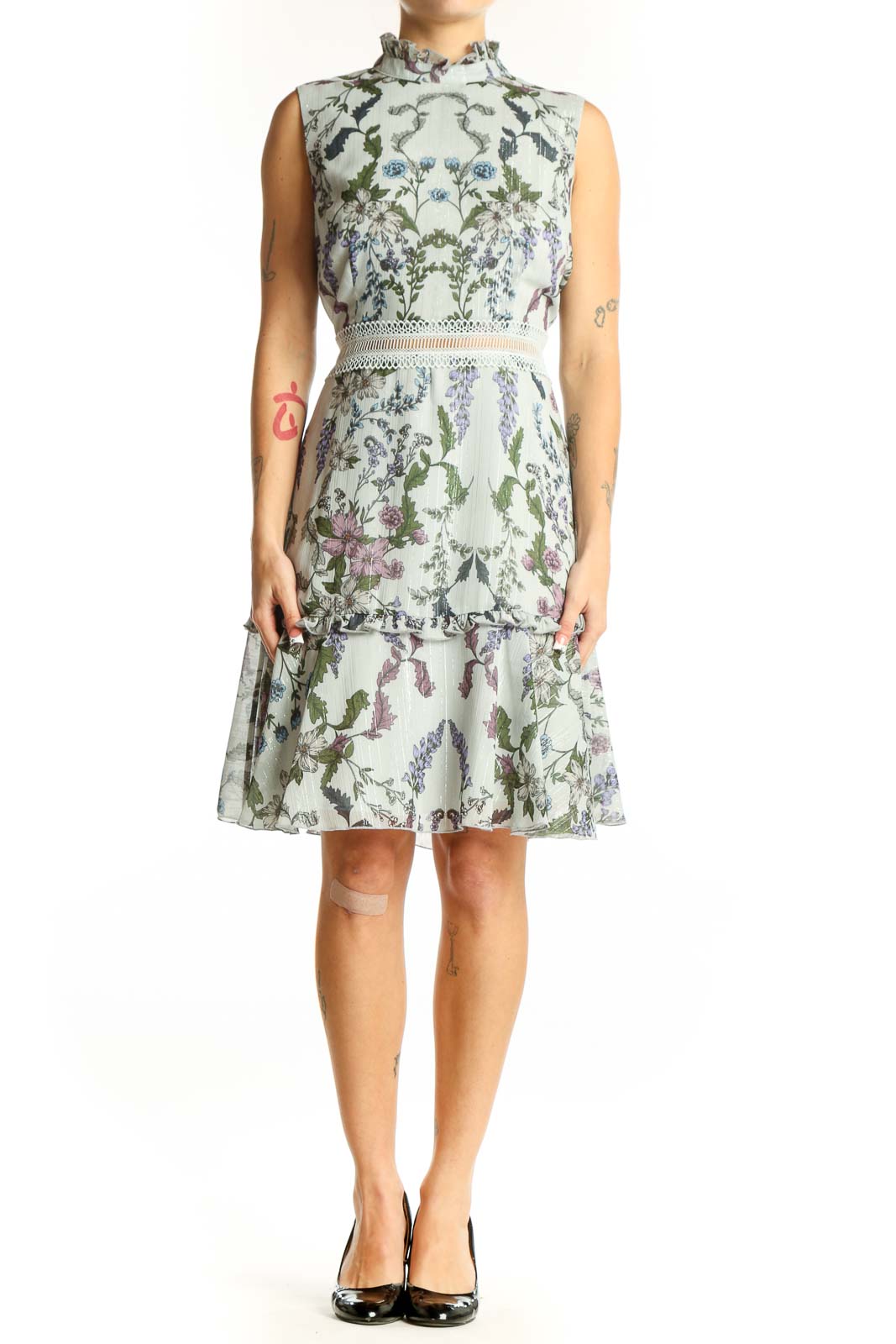 Front view of Donna Morgan mint floral sleeveless cocktail dress with high neckline