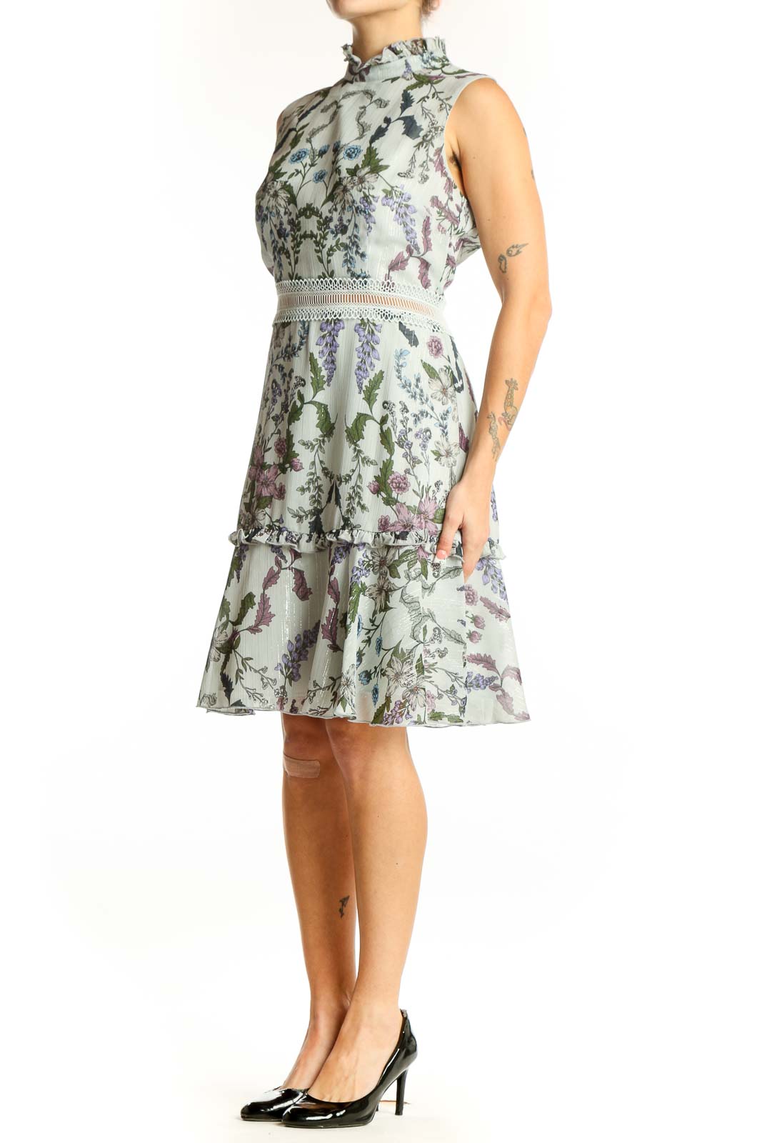Front view of Donna Morgan mint floral sleeveless cocktail dress with high neckline
