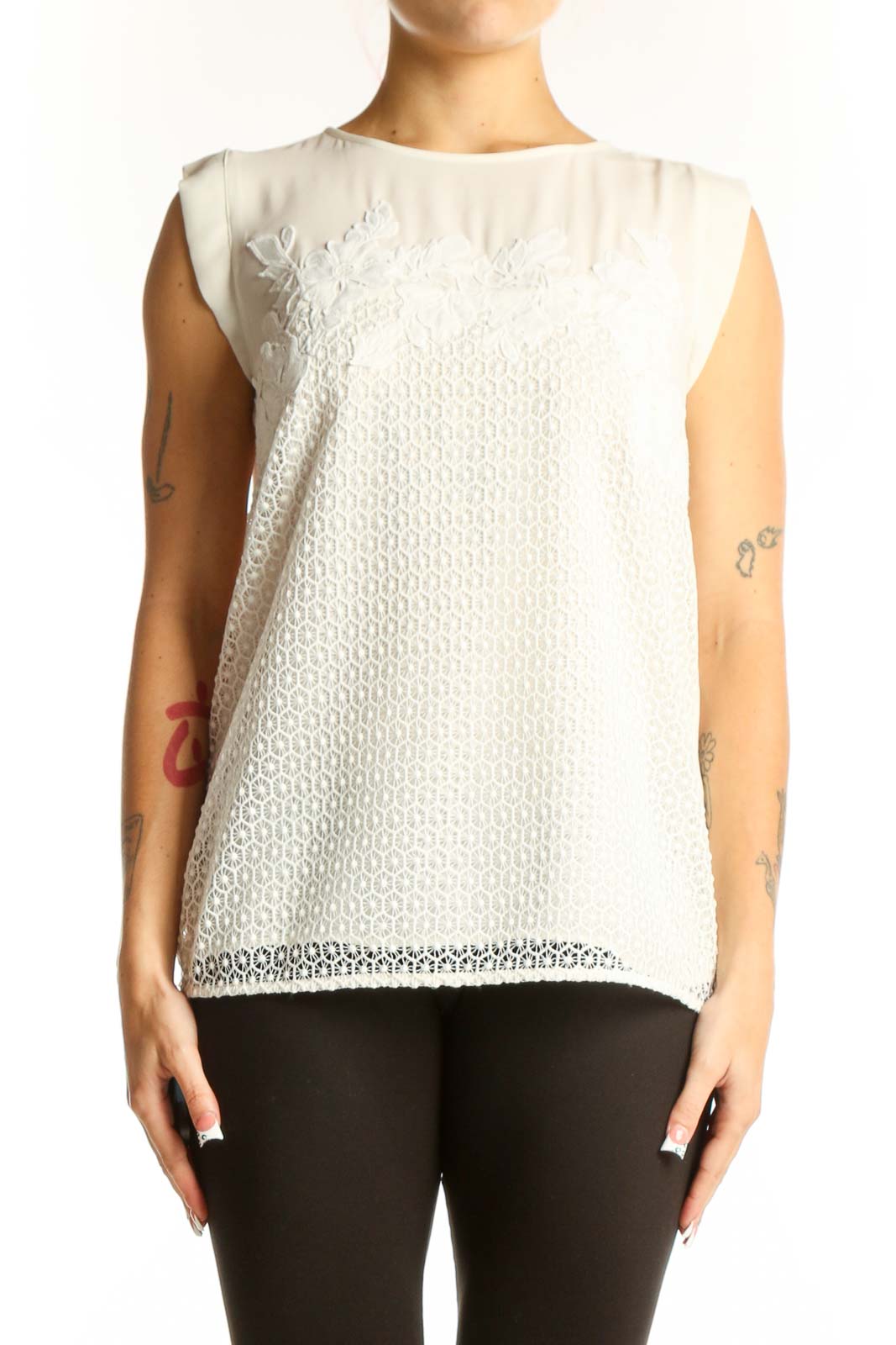 Front view of white lace overlay sleeveless blouse from LOFT