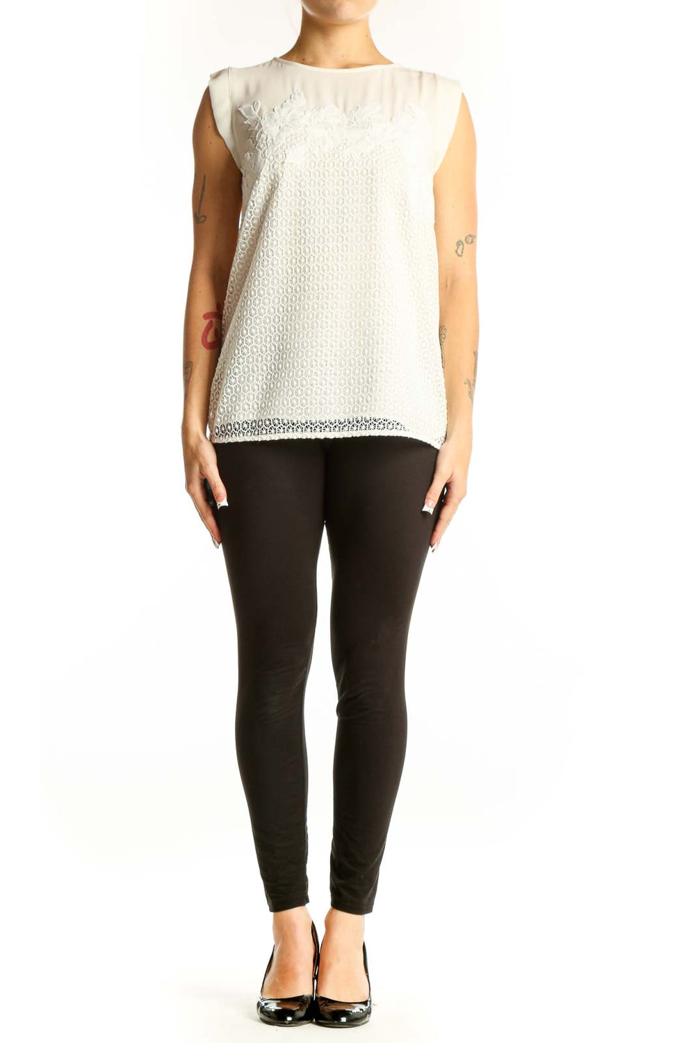 Front view of white lace overlay sleeveless blouse from LOFT