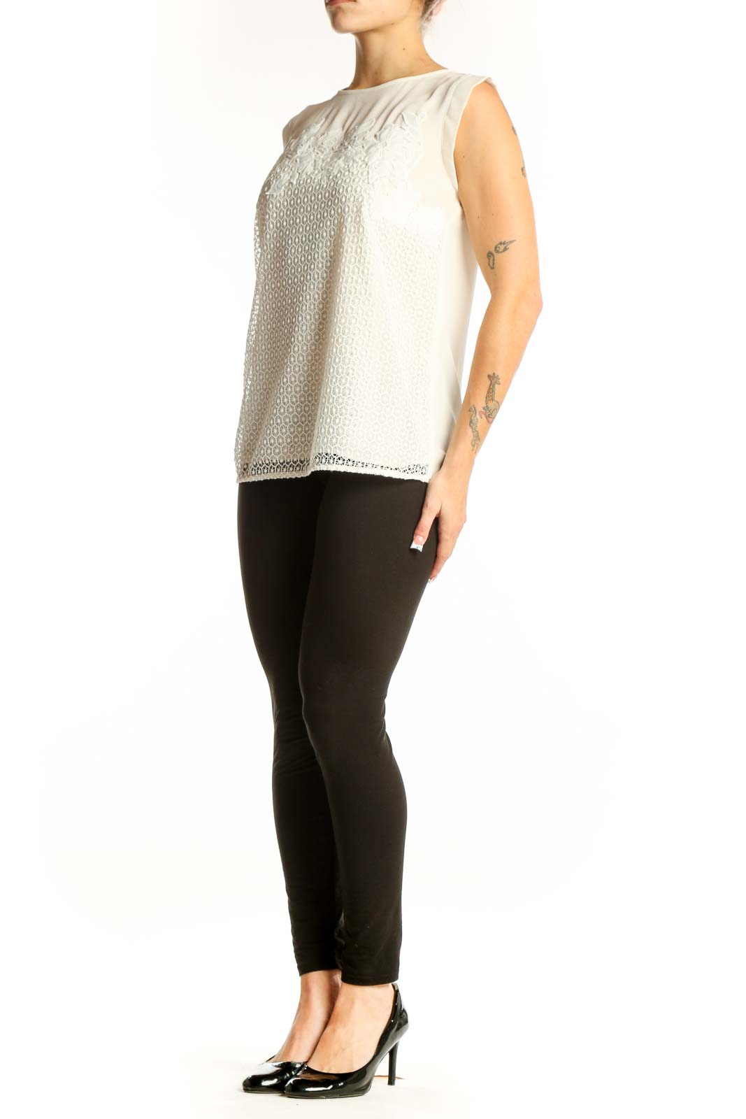 Front view of white lace overlay sleeveless blouse from LOFT