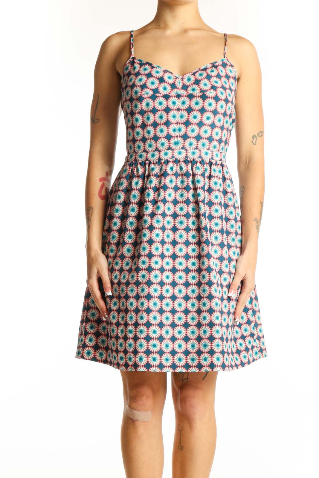 Front view of J.Crew blue floral geometric print sundress with sweetheart neckline