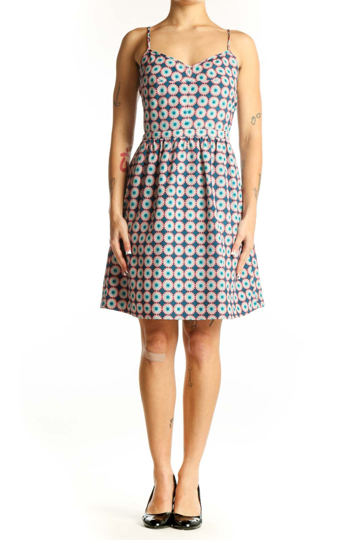 Front view of J.Crew blue floral geometric print sundress with sweetheart neckline