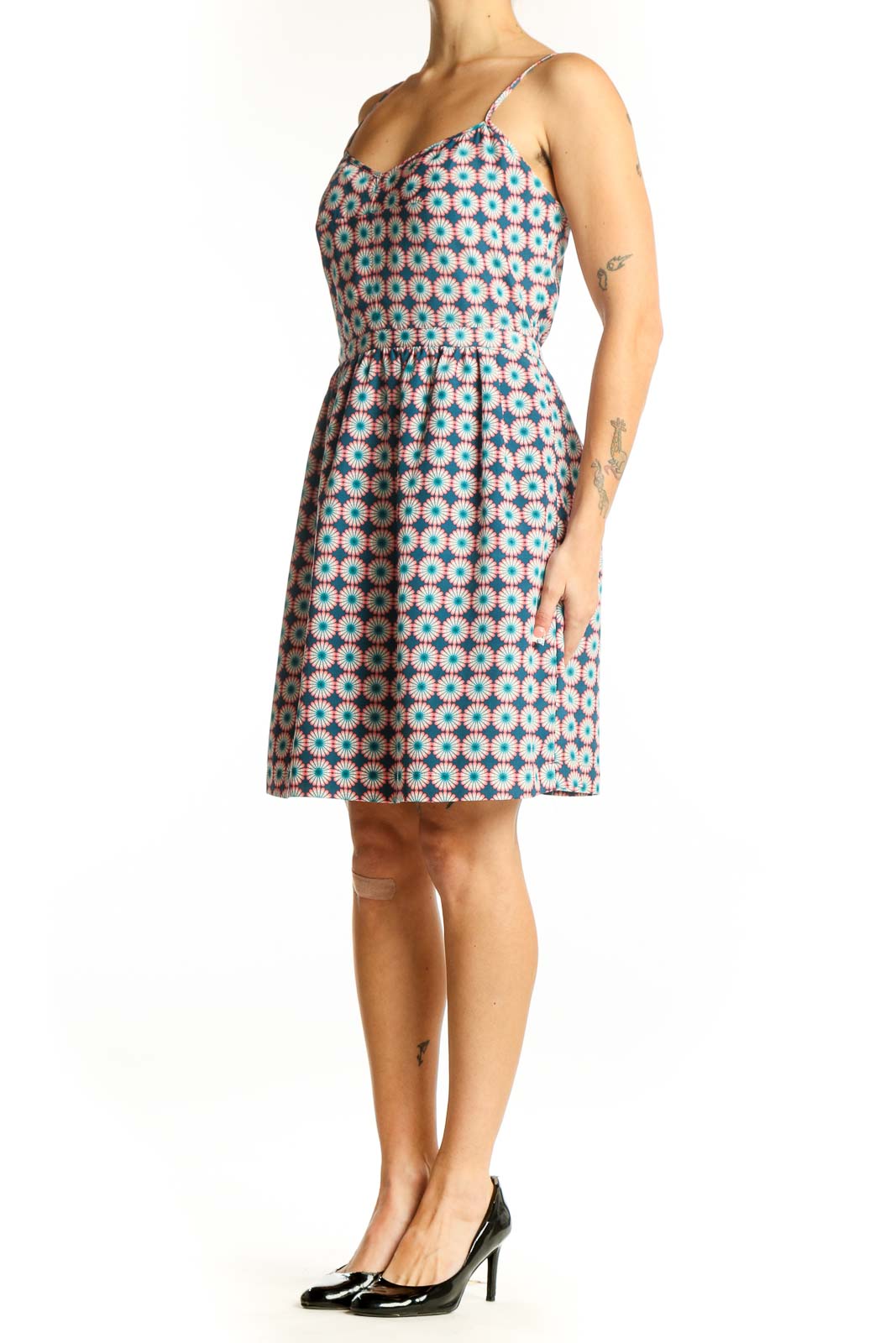 Front view of J.Crew blue floral geometric print sundress with sweetheart neckline