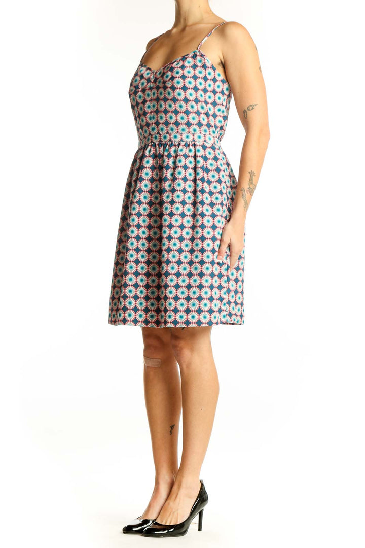 Front view of J.Crew blue floral geometric print sundress with sweetheart neckline