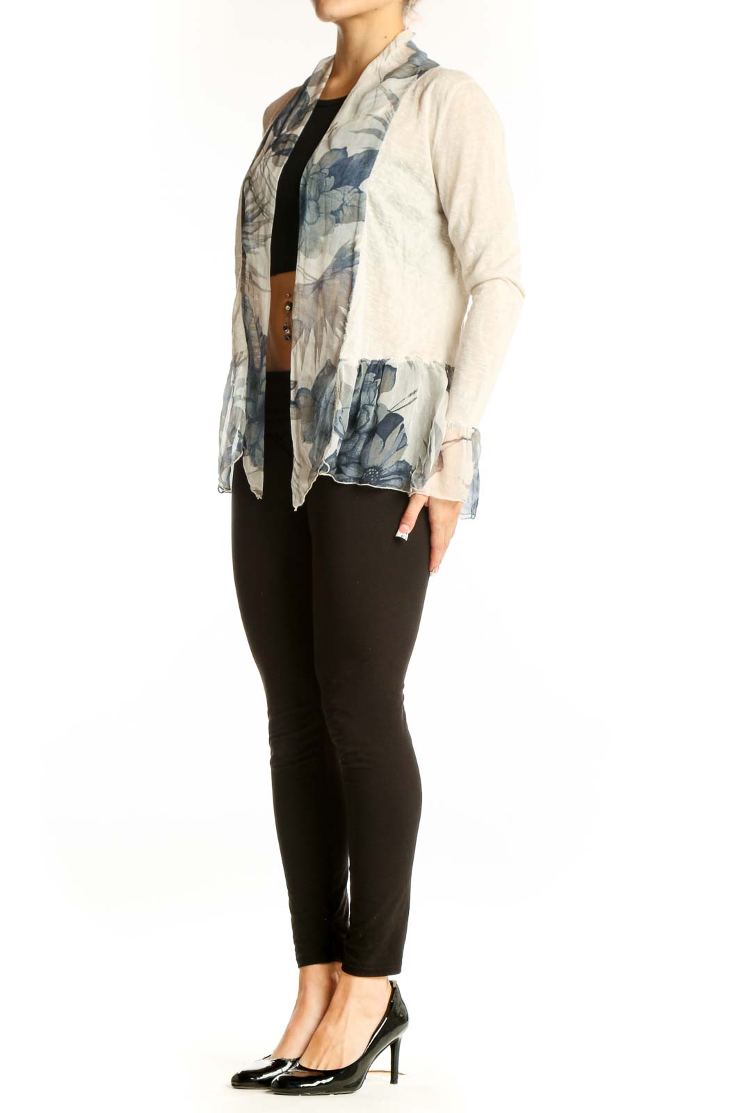 Front view of Elena Baldi beige knit cardigan with blue floral print