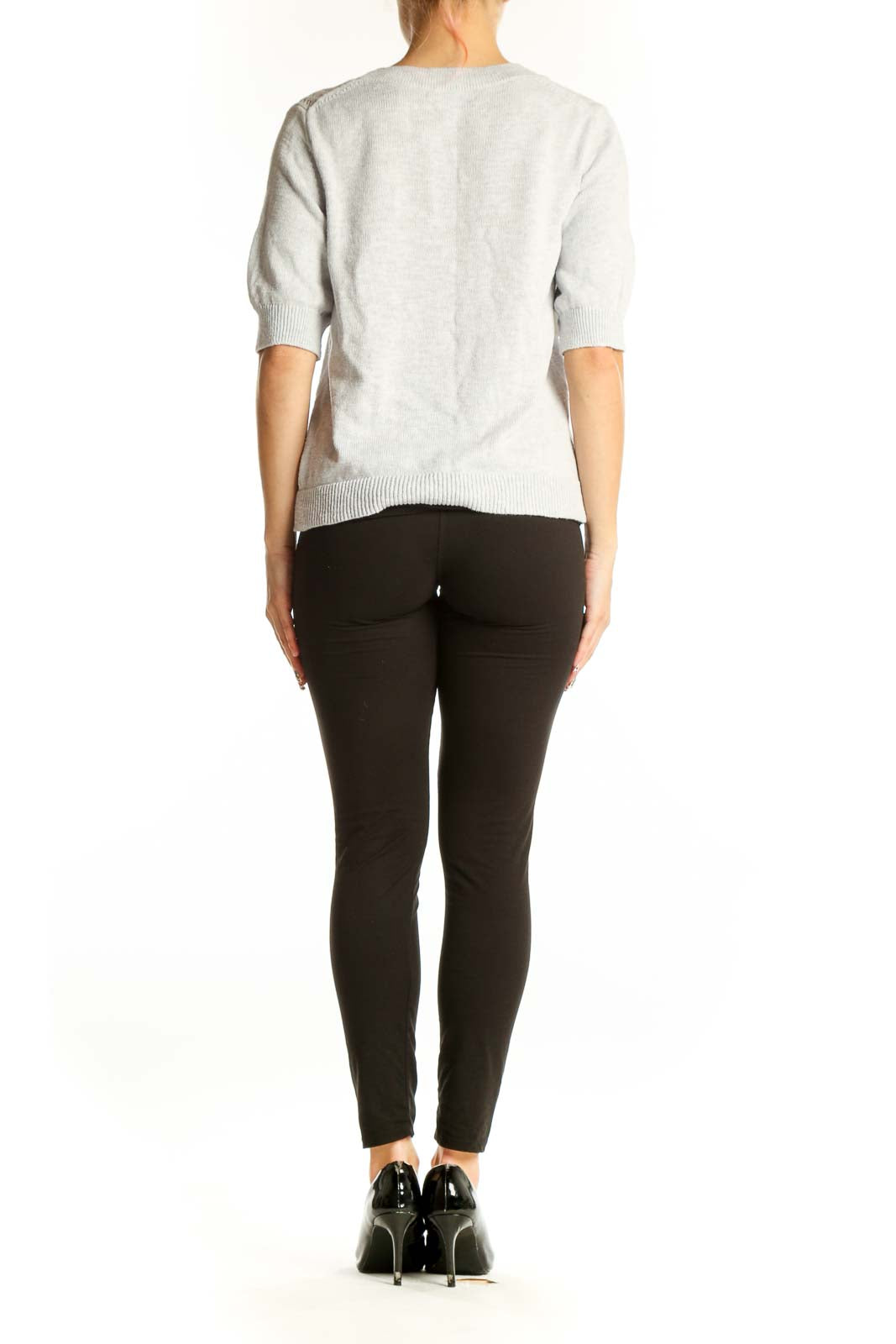 Back view of light gray Banana Republic short-sleeve sweater showing relaxed fit