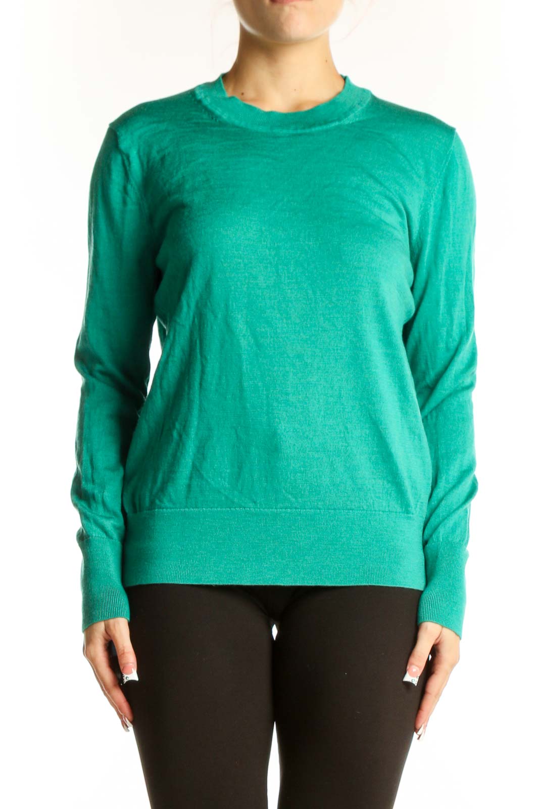Front view of green Gap wool crewneck sweater on model
