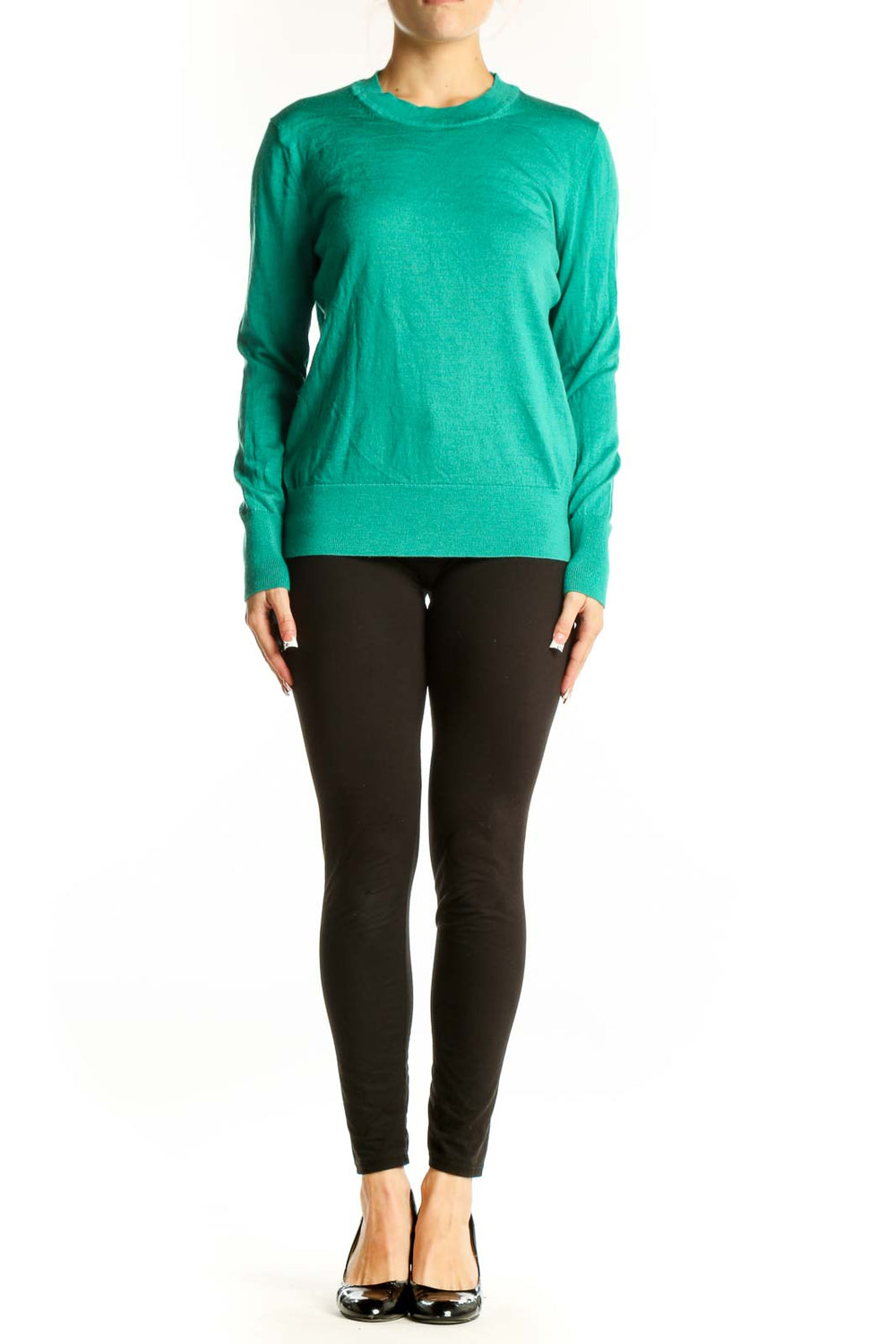 Front view of green Gap wool crewneck sweater on model
