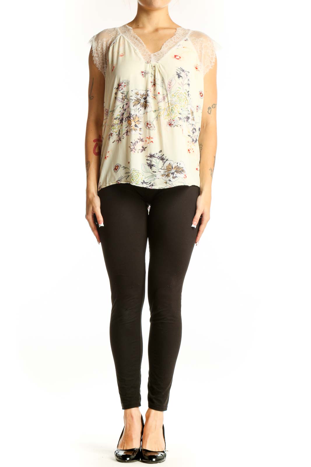 Front view of C+D+M cream floral sleeveless top with lace trim