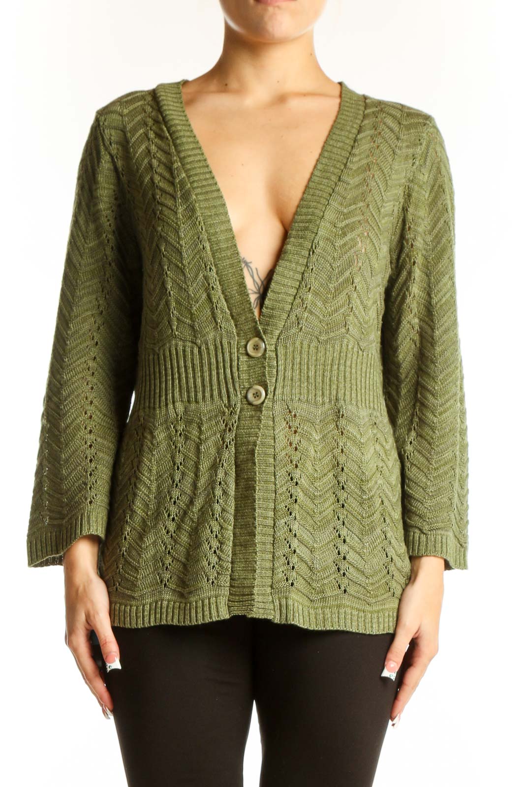 Front view of olive green chevron knit cardigan with V-neck and button closure