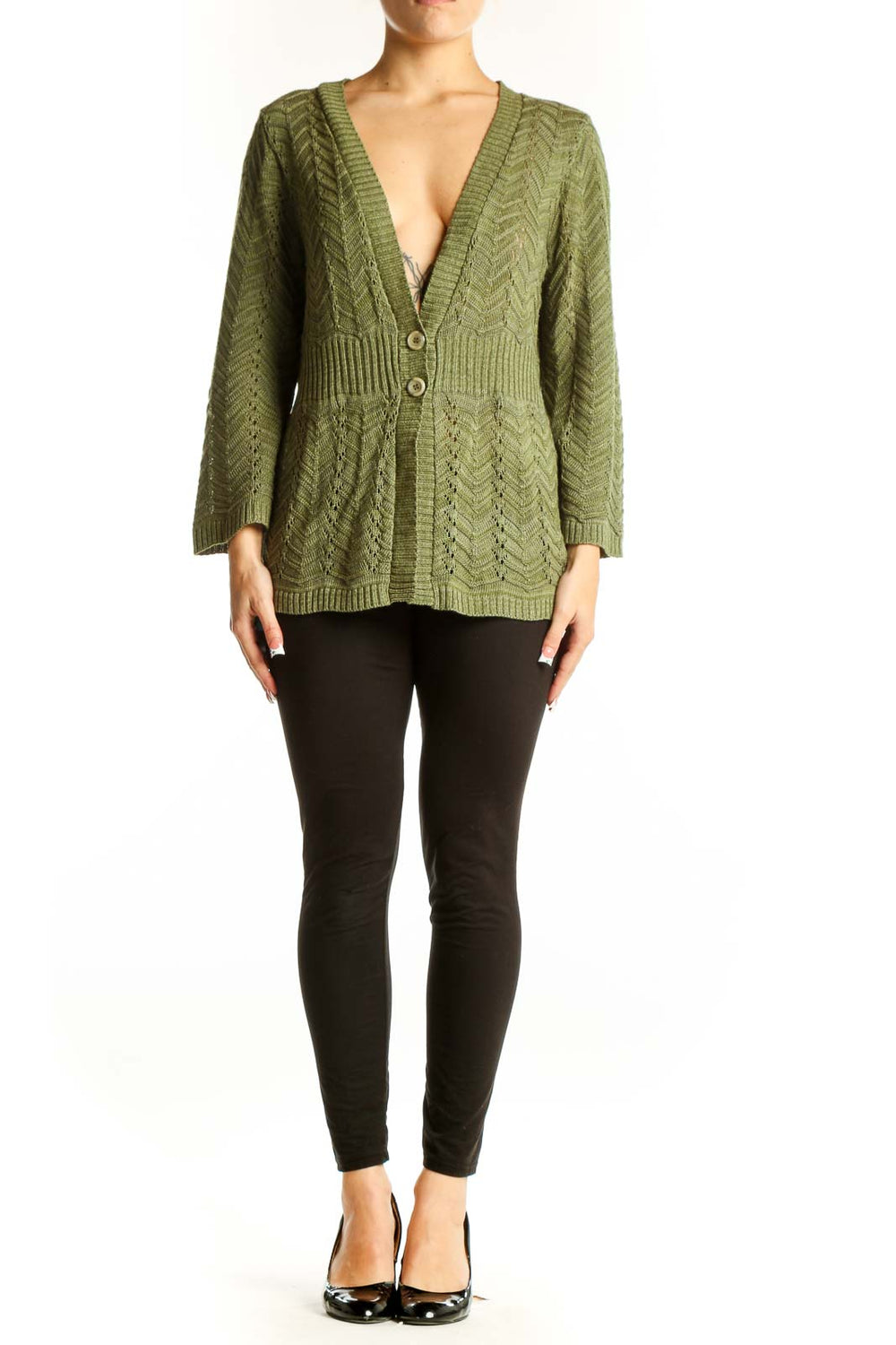 Front view of olive green chevron knit cardigan with V-neck and button closure