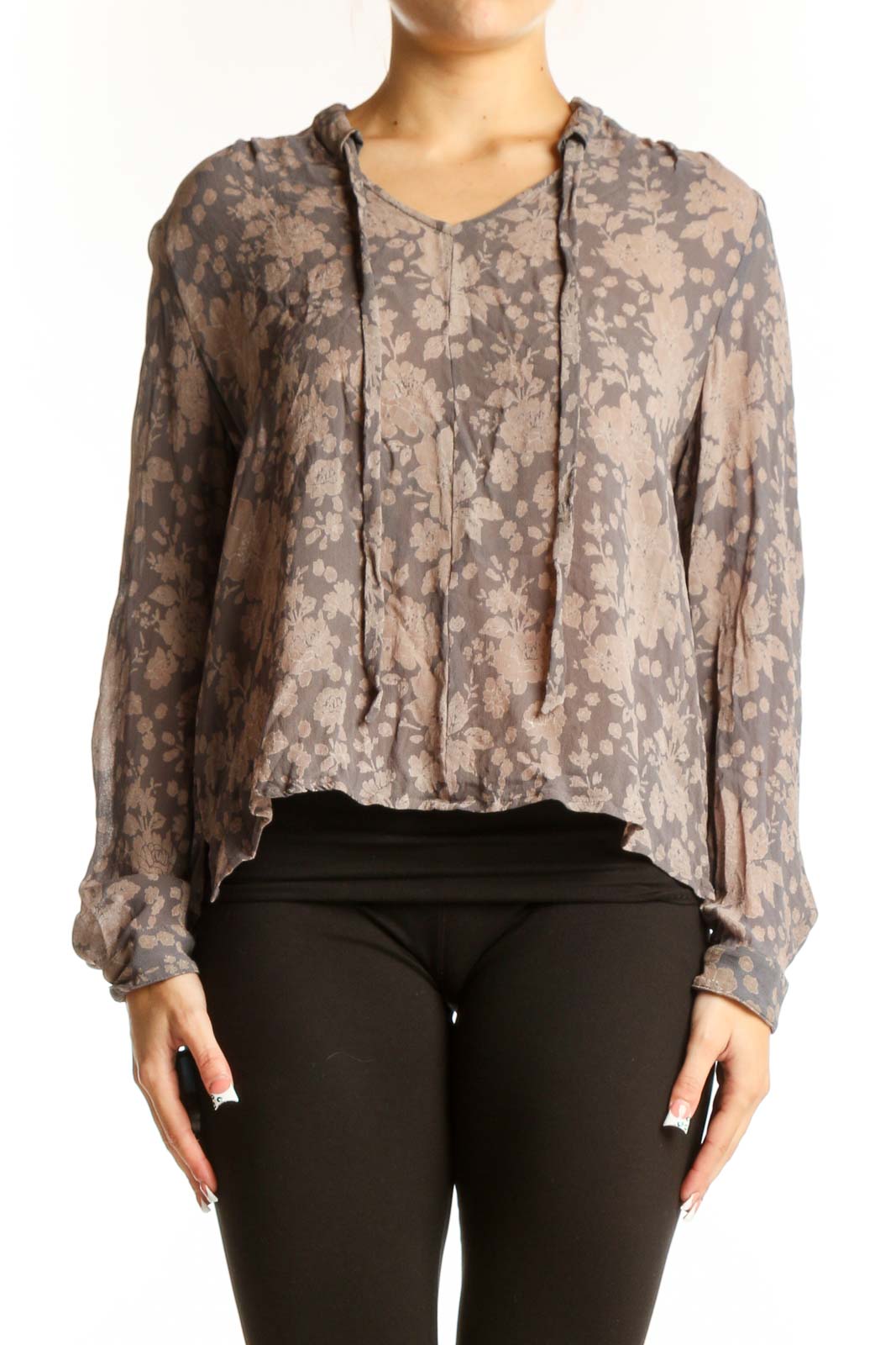 Front view of Chan Luu gray floral sheer blouse with v-neck ties