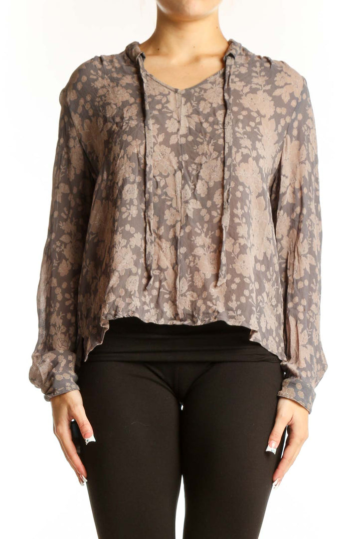 Front view of Chan Luu gray floral sheer blouse with v-neck ties