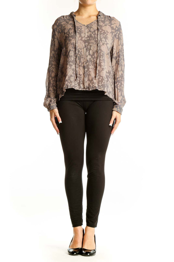 Front view of Chan Luu gray floral sheer blouse with v-neck ties