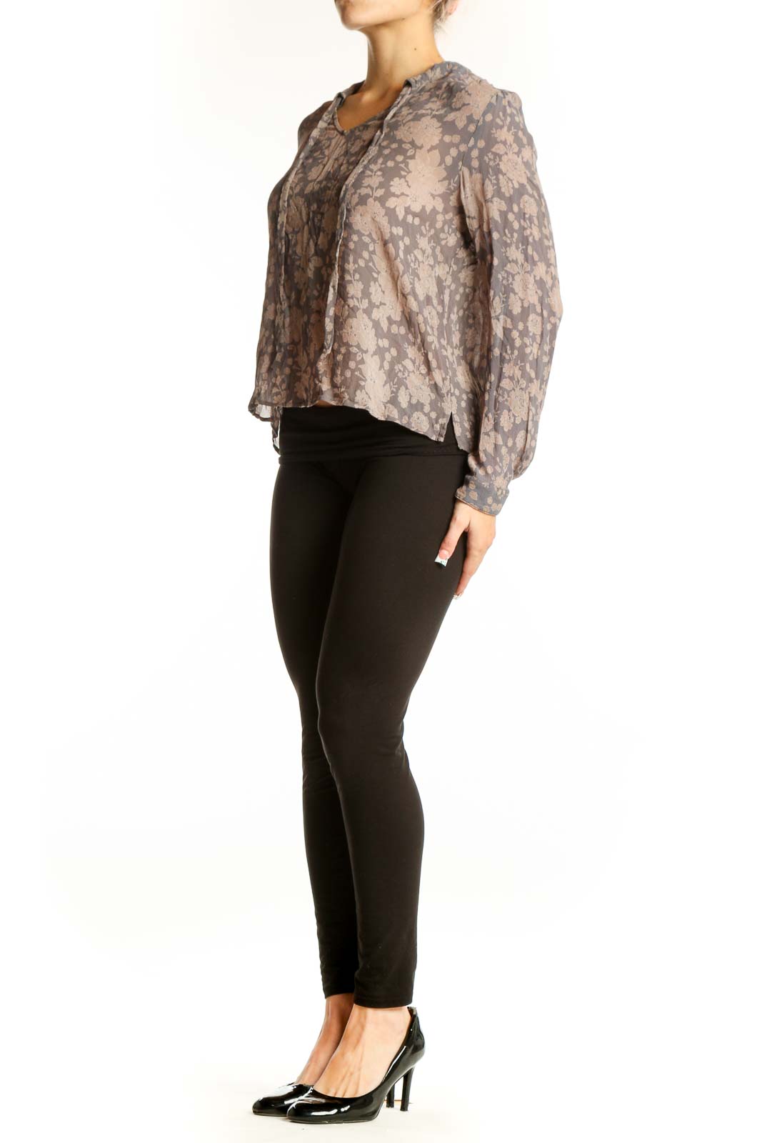Front view of Chan Luu gray floral sheer blouse with v-neck ties