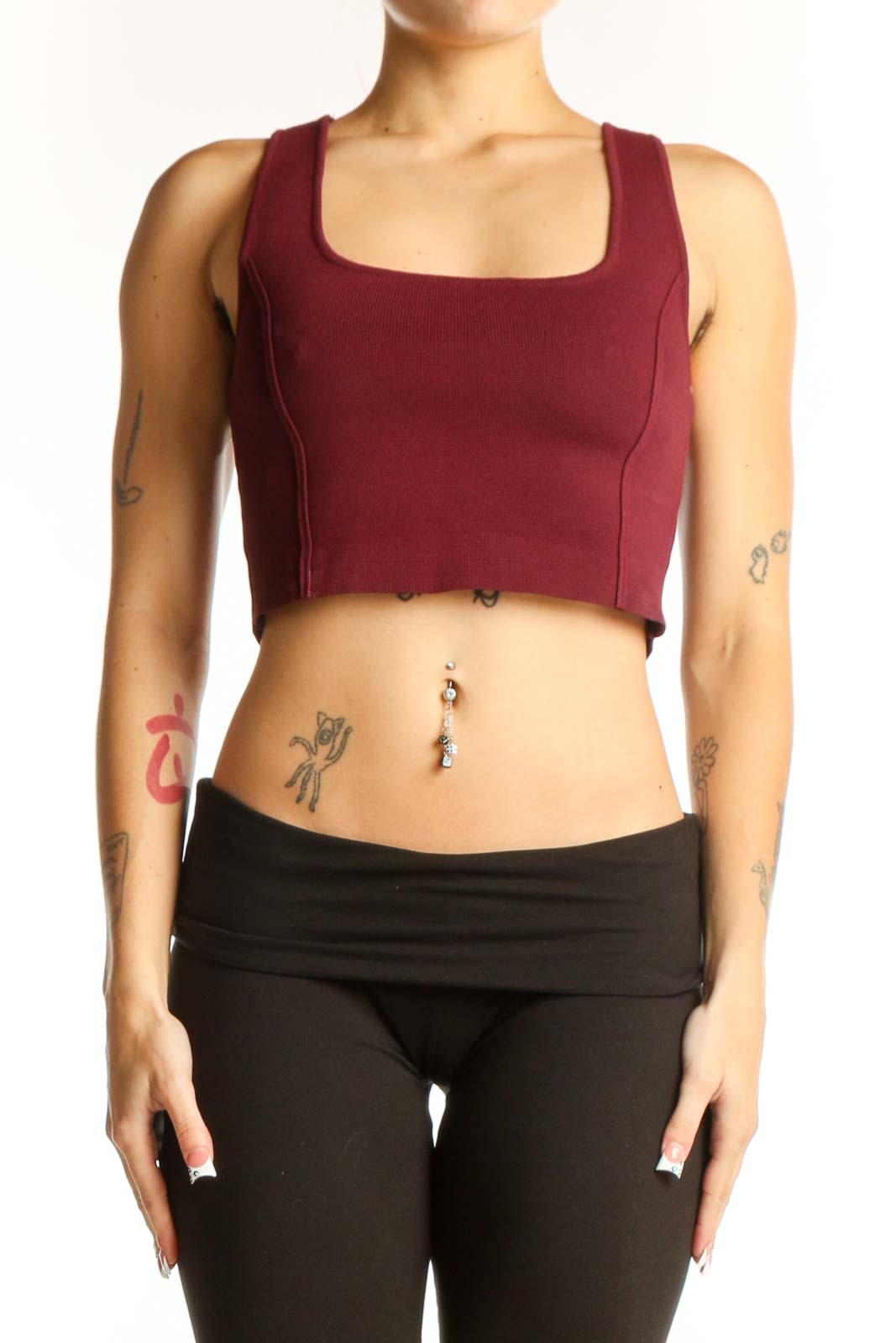 Front view of burgundy nylon crop top with square neckline
