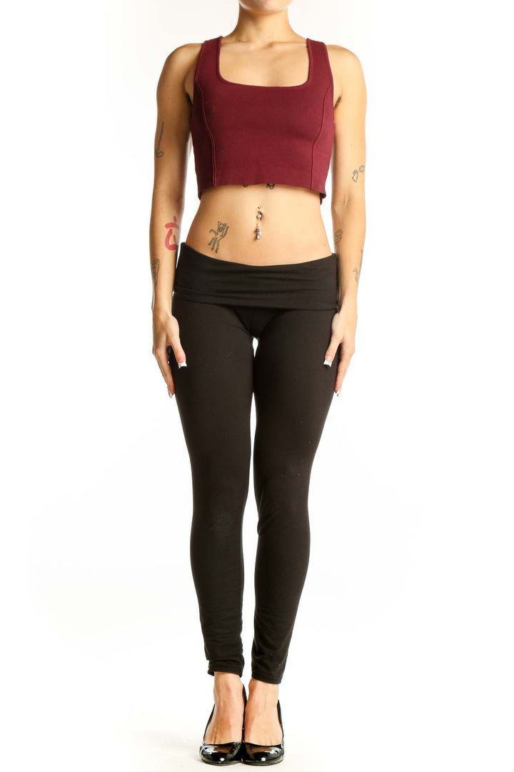 Front view of burgundy nylon crop top with square neckline