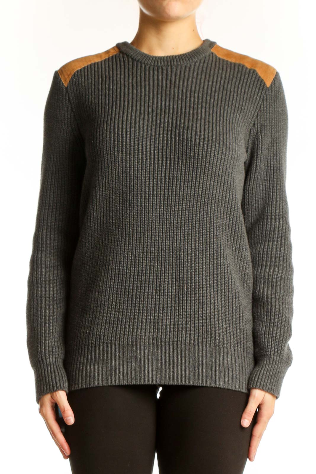 Front view of J.Crew gray ribbed cotton sweater with suede shoulder patches