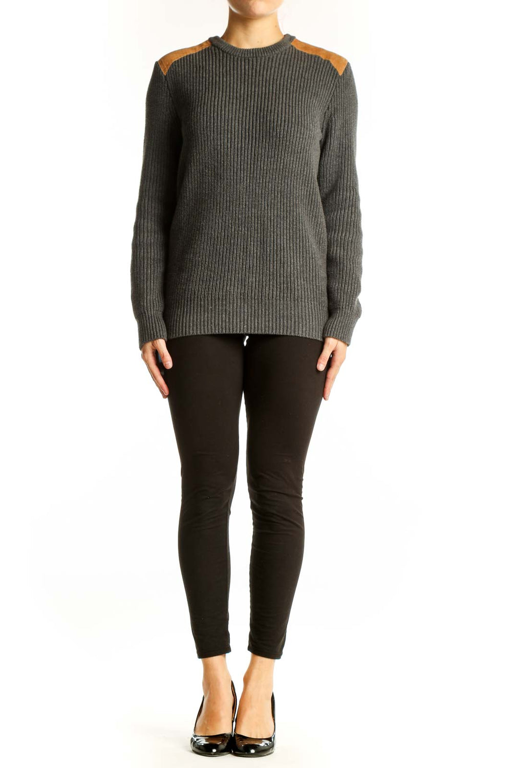 Front view of J.Crew gray ribbed cotton sweater with suede shoulder patches