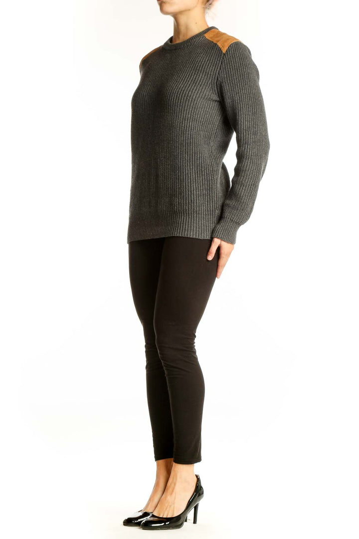 Front view of J.Crew gray ribbed cotton sweater with suede shoulder patches